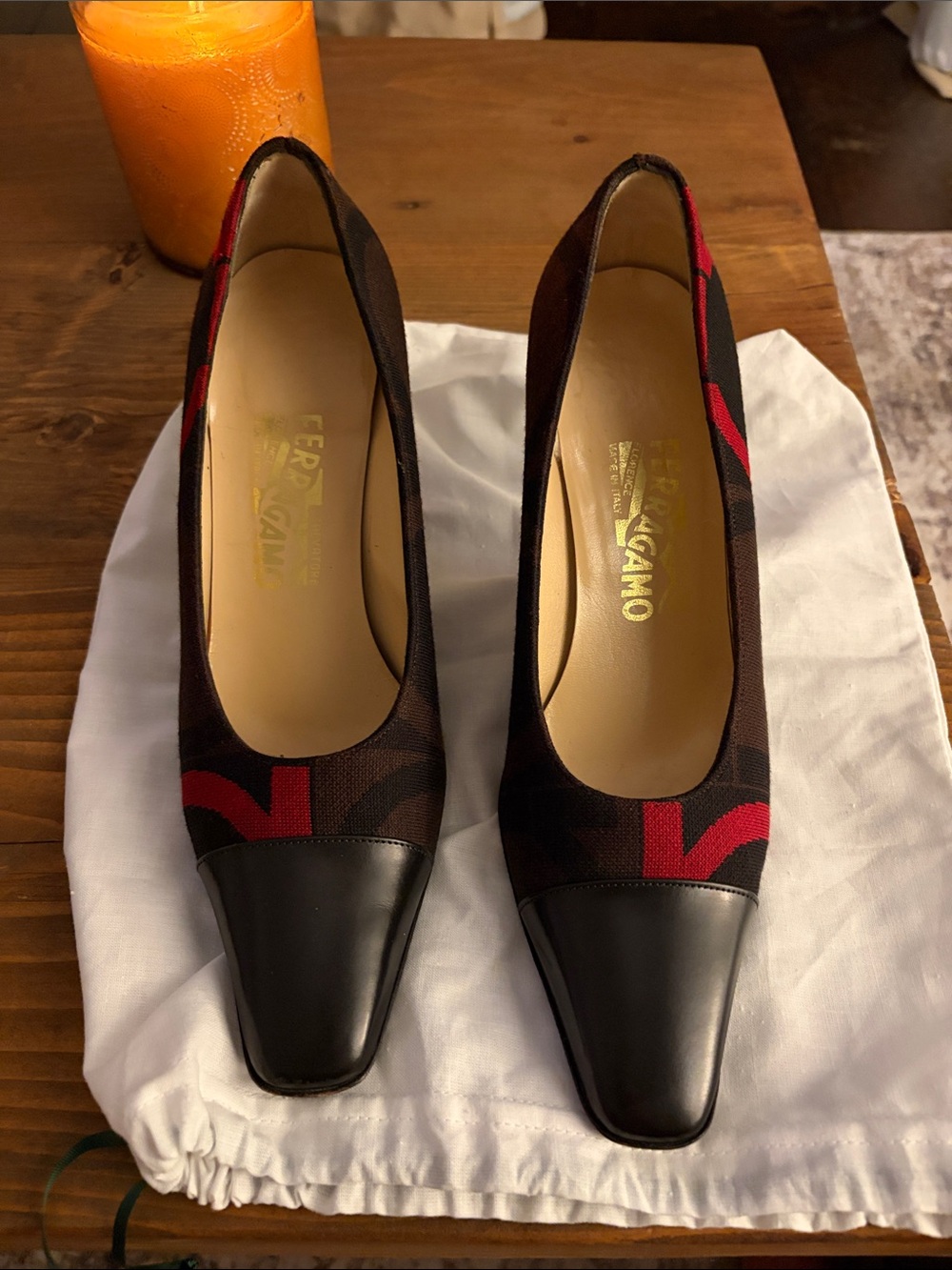 Salvatore Ferragamo Black and Red Canvas Leather Cap-Toe Pumps